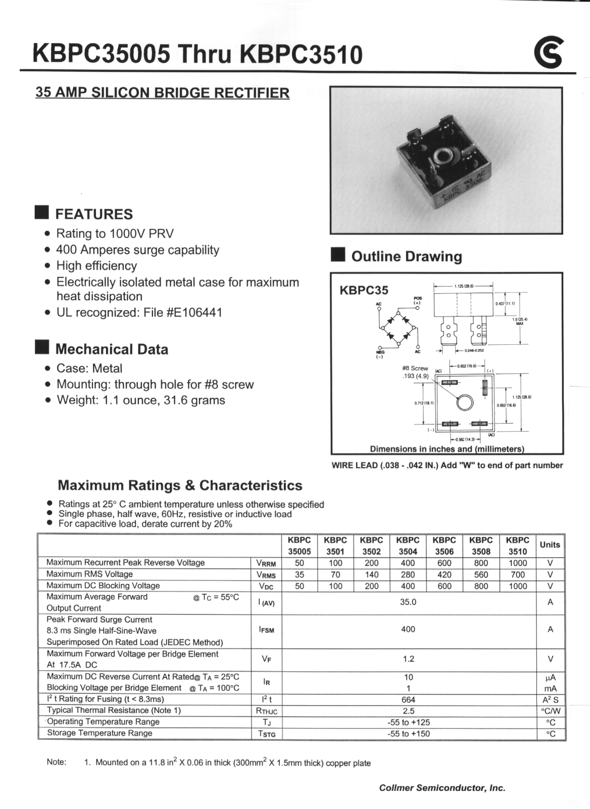 CALLMER KBPC3508, KBPC3510, KBPC3504, KBPC3506, KBPC3501 Datasheet