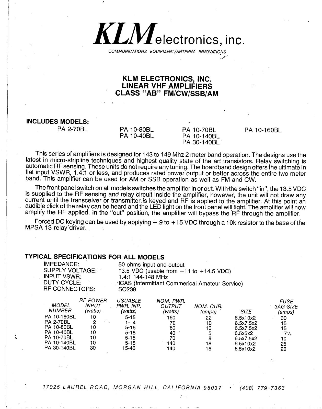 KLM PA 30-140BL, PA 10-140BL, PA 10-40BL, PA 10-160BL, PA 10-70BL User Manual