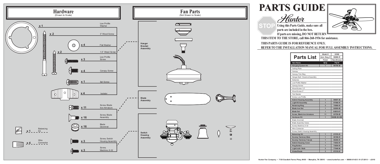 Hunter 22563 Parts Guide