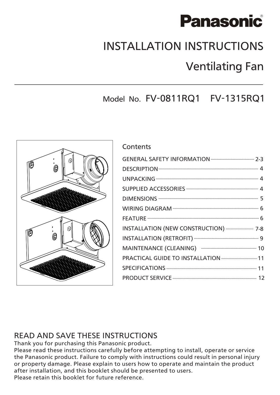 Panasonic fv-0811rq1v, fv-1315rq1 installation