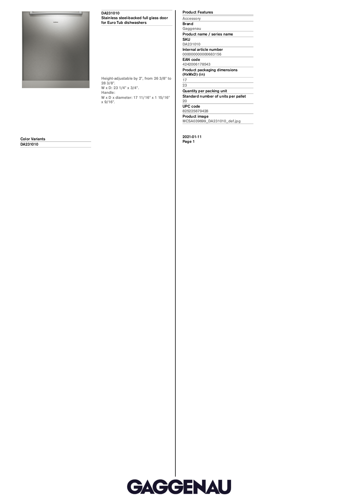 Gaggenau DA231010 Specification Sheet