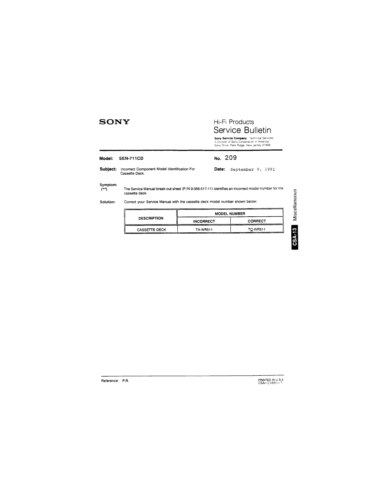 Sony SEN-711CD Service Manual