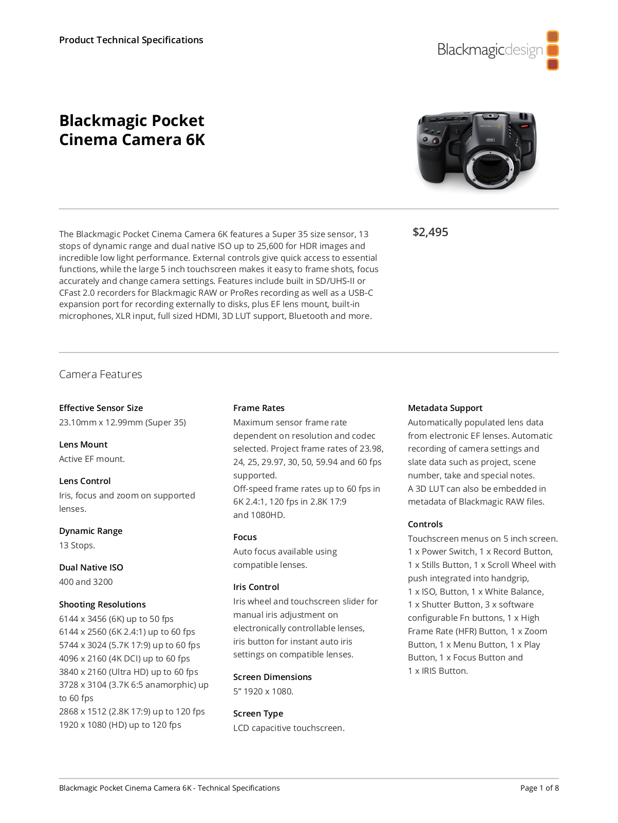 Blackmagic Design Pocket Cinema Camera 6K Data Sheet