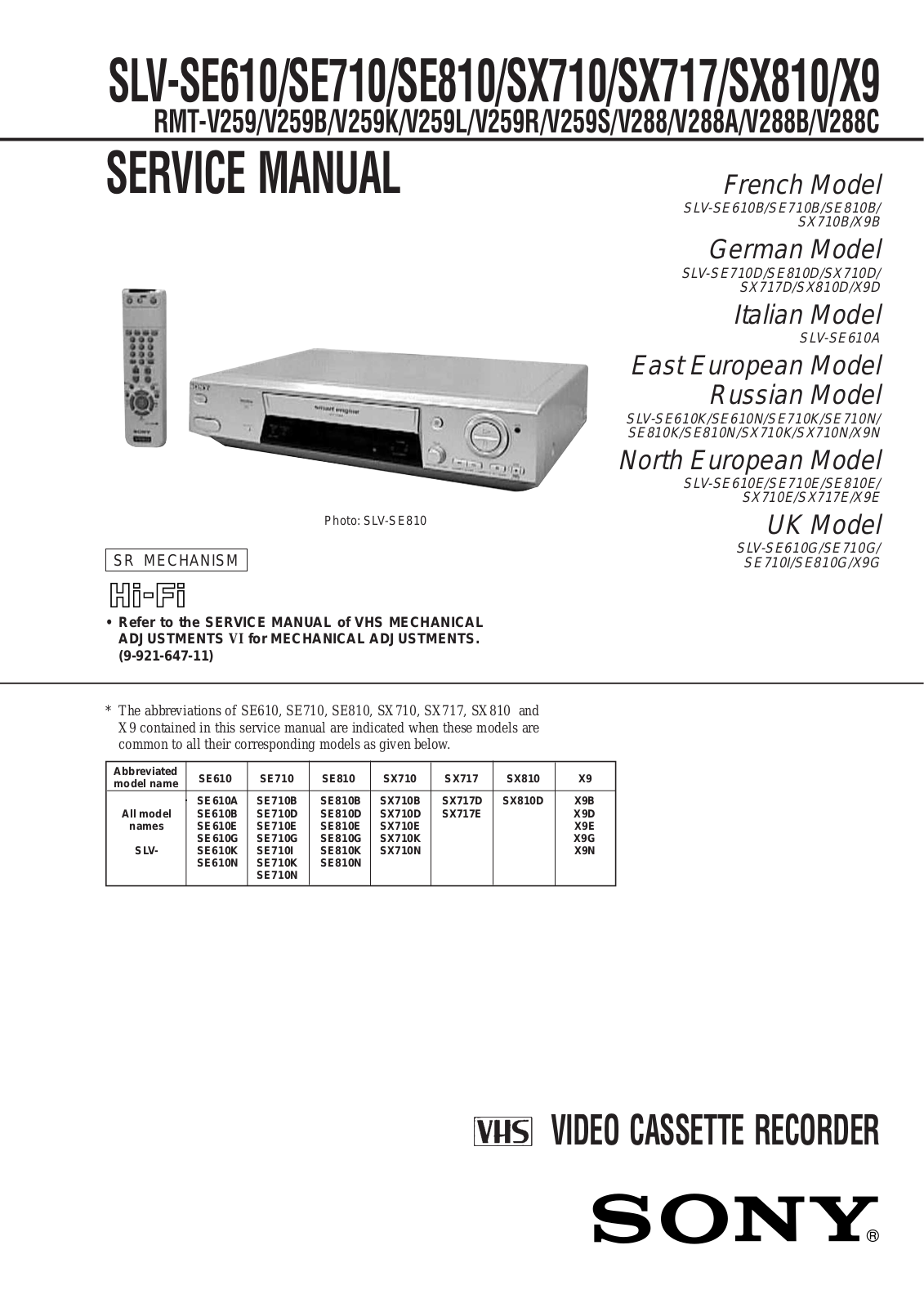 Sony SLV-SE610A, SLV-SE610B, SLV-SE610E, SLV-SE610G, SLV-SE610K Service Manual