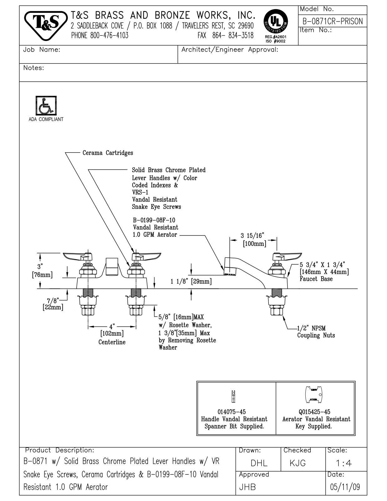 T&S Brass B-0871CR-PRISON User Manual