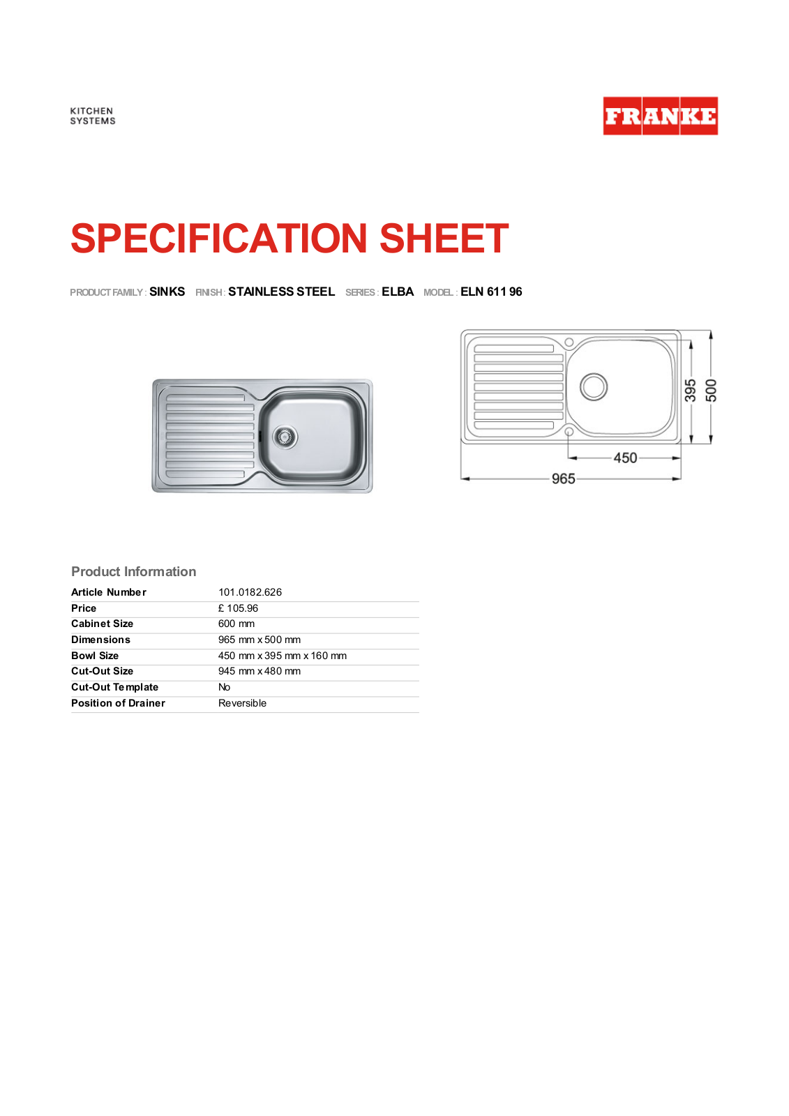 Franke Foodservice ELN 611 96 Specification