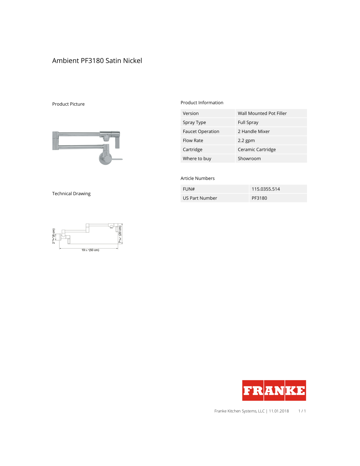 Franke PF3180 Specs