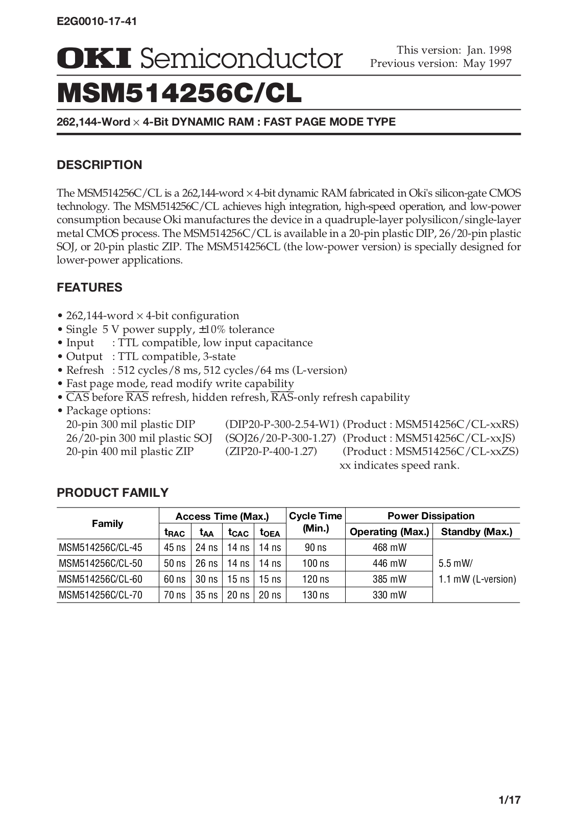 OKI MSM514256CL-50ZS, MSM514256CL-60JS, MSM514256CL-60RS, MSM514256CL-60ZS, MSM514256CL-50JS Datasheet