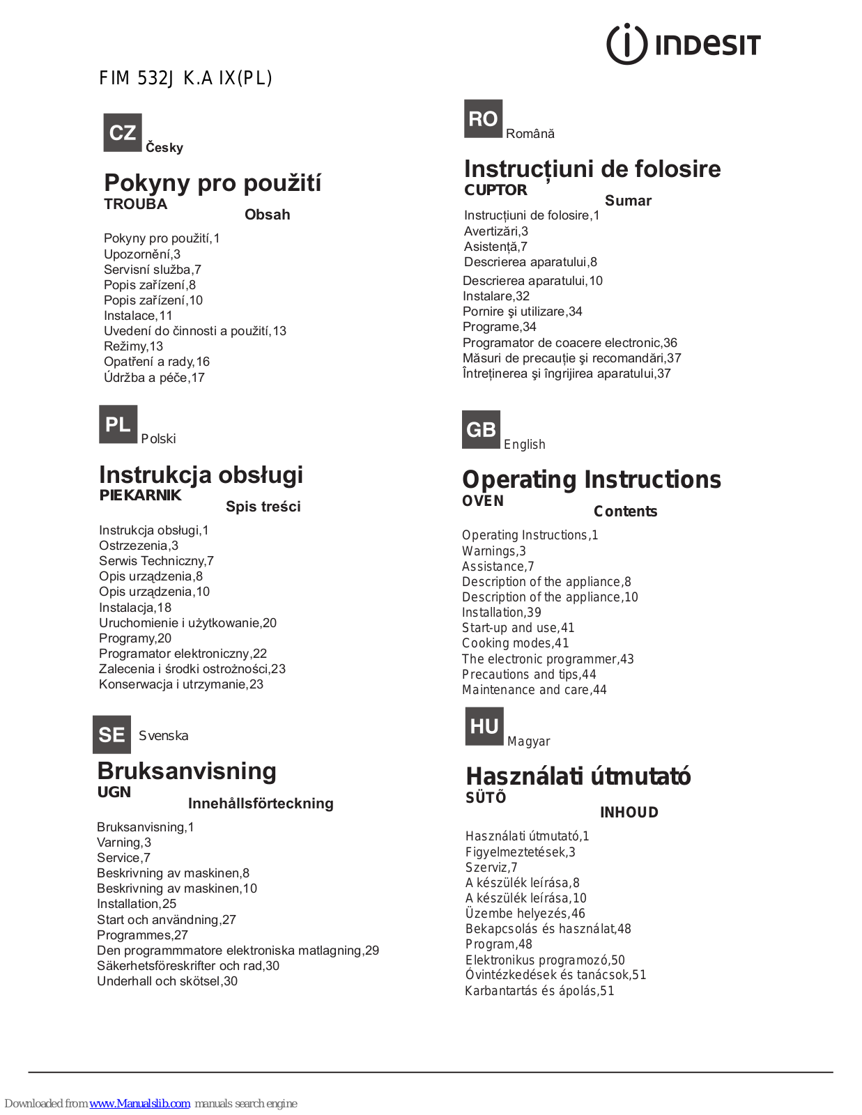 Indesit FIM 532J K.A IX Operating Instructions Manual