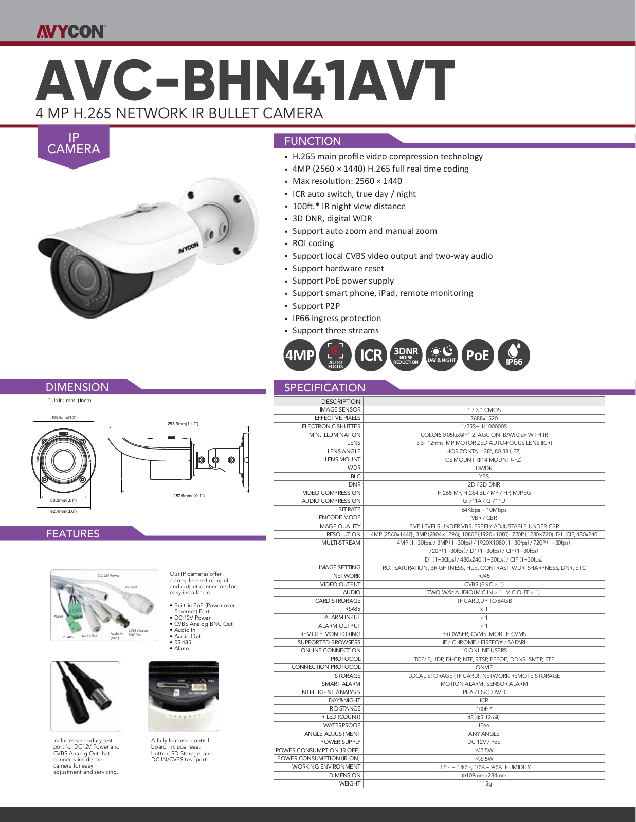 Avycon AVC-BHN41AVT Specsheet