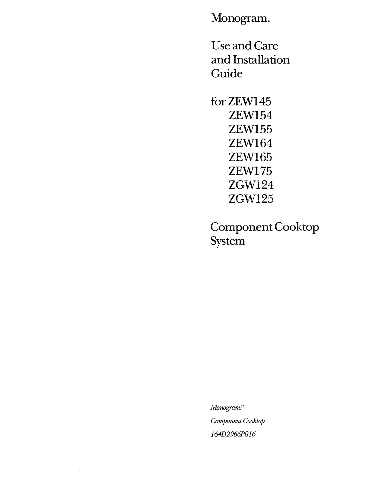 GE ZGW125, ZEW164, ZGW124, ZEW145, ZEW165 User Manual