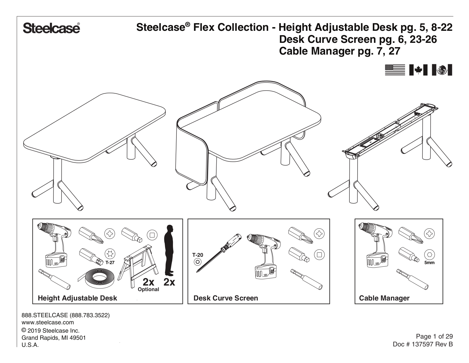 Steelcase Flex, Height Adjustable Desk, Desk Curve Screen, Cable Manager Series Manual