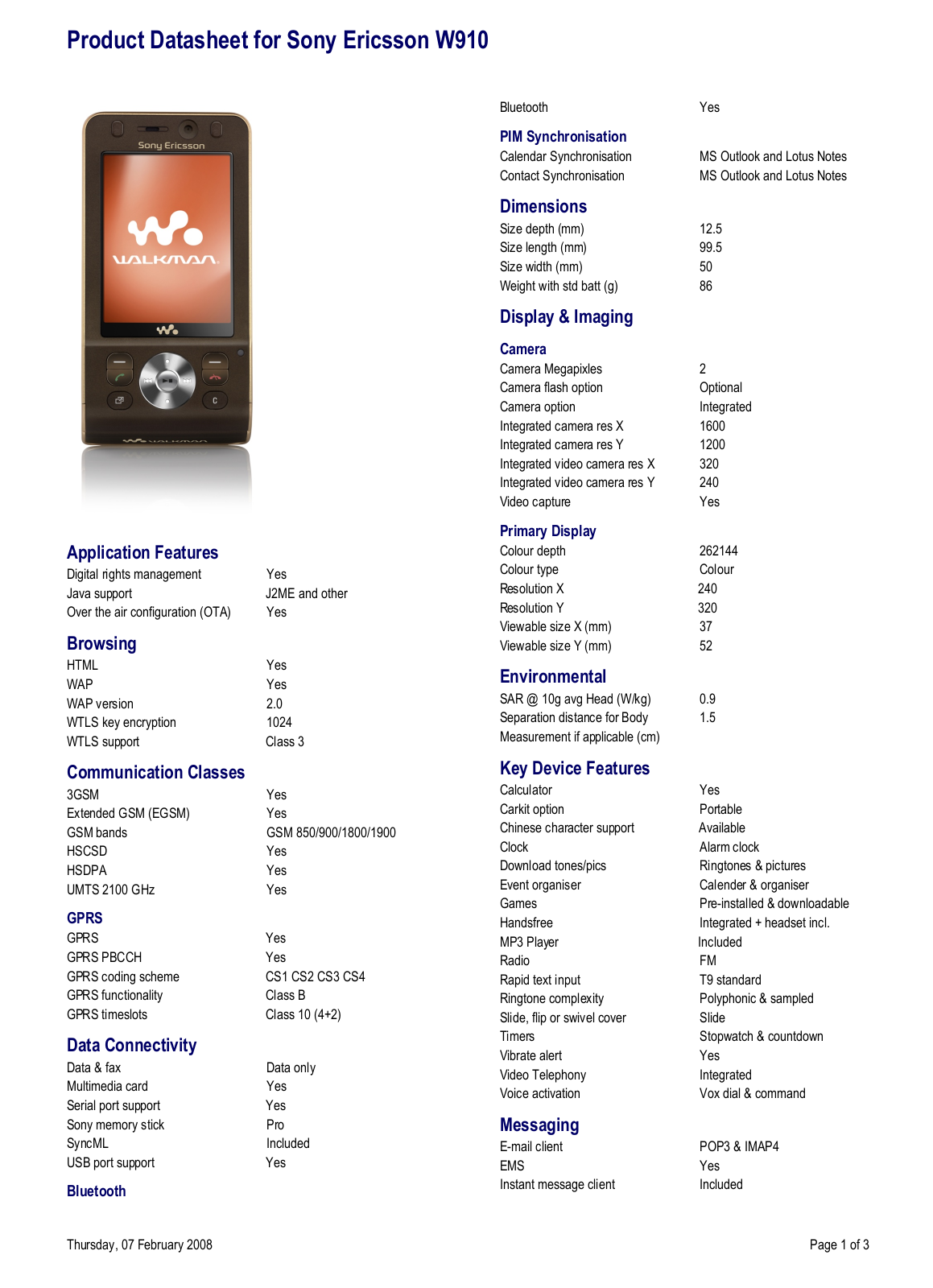 Sony ericsson W910I DATASHEET