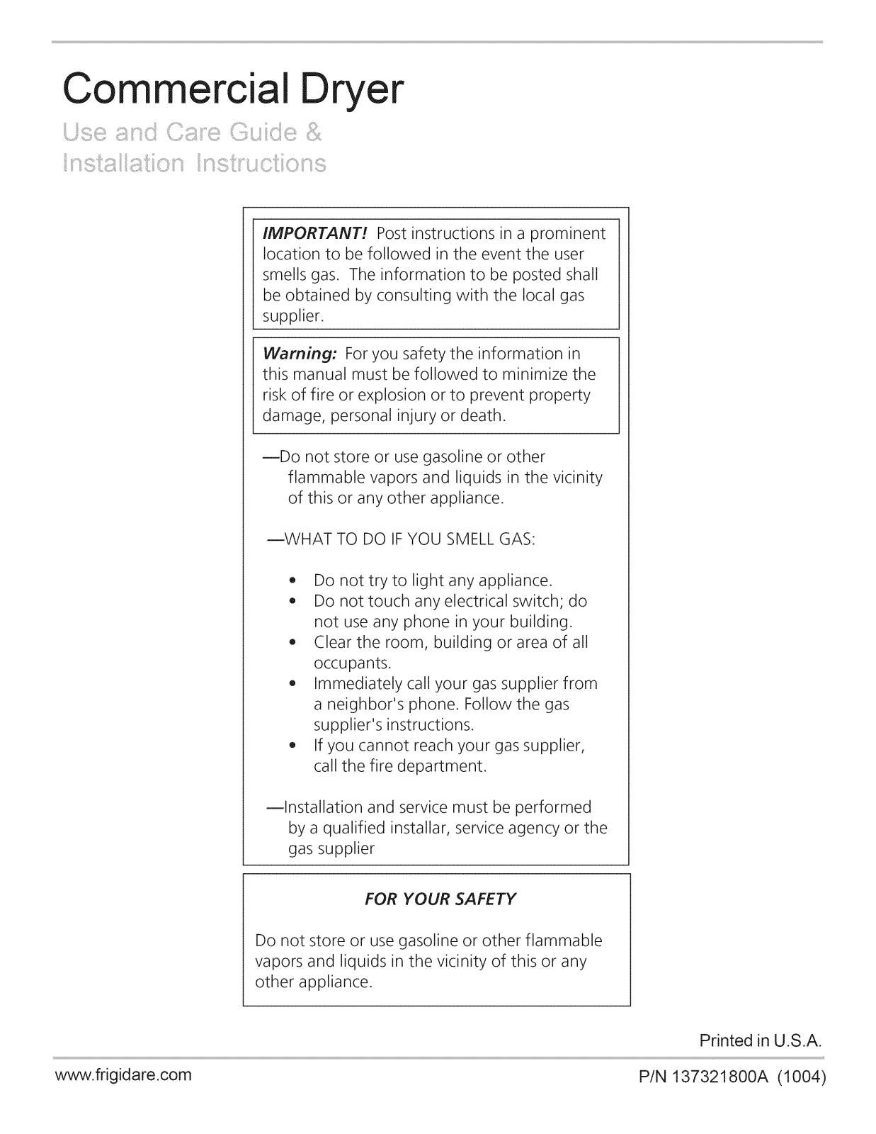 Frigidaire FCGD2000LS0, FCED2000LS0 Owner’s Manual