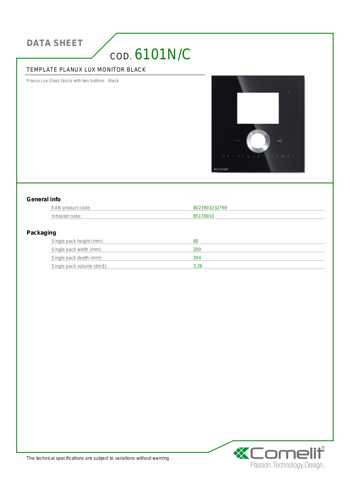 Comelit 6101N-C Specsheet