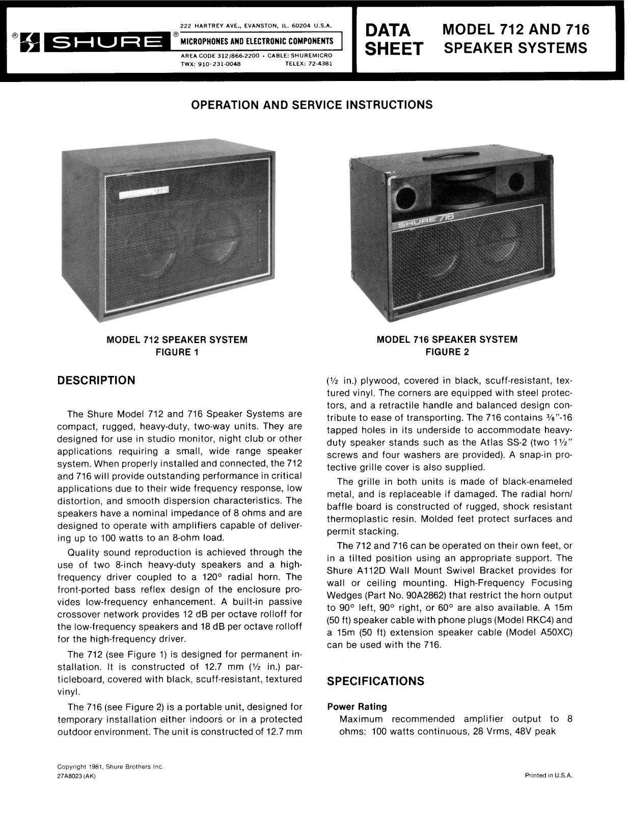 Shure 716, 712 User Guide