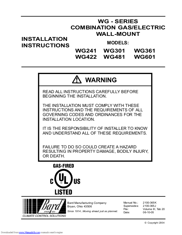 Bard WG301, WG361, WG422, WG481, WG601 Installation Instructions Manual