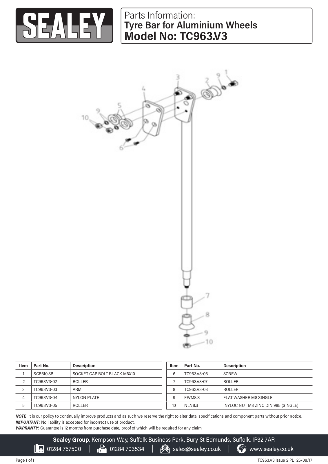 Sealey TC963.V3 Parts Listing