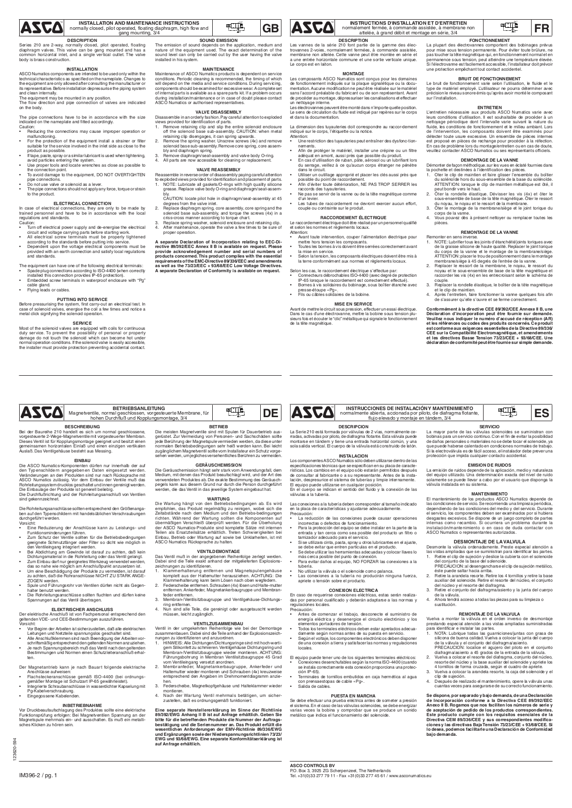 ASCO European Series 210 Hung Floating Diaphragm Solenoid Valve Installation Instructions
