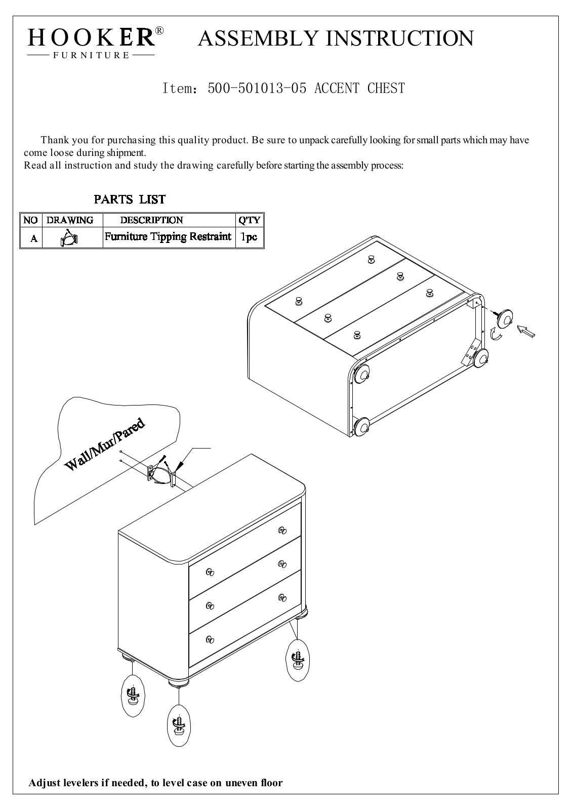 Hooker Furniture 50050101305 Assembly Guide