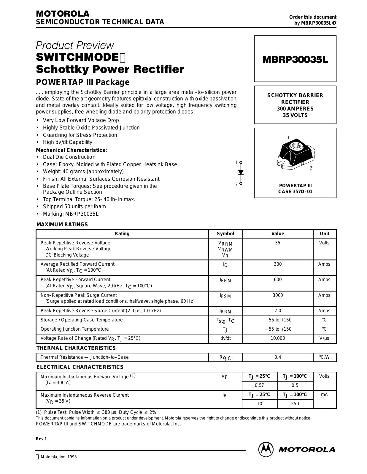 Motorola MBRP30035L Datasheet