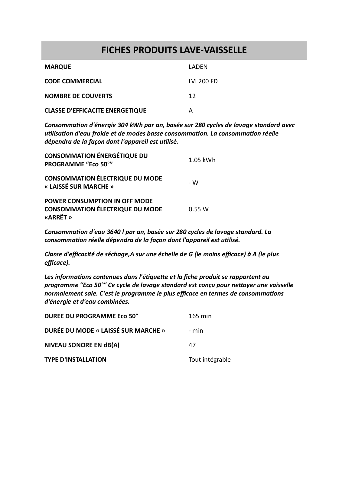 Whirlpool LVI 200 FD PRODUCT SHEET