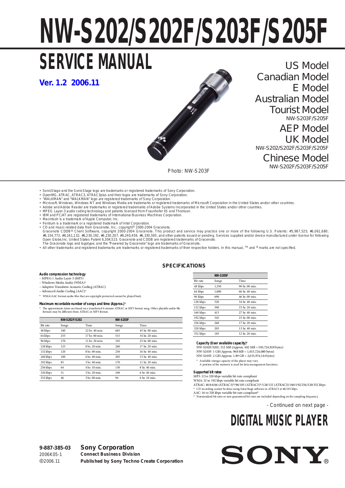 Sony Walkman NW-S202, Walkman NW-S202F, Walkman NW-S203F, Walkman NW-S205F Service Manual