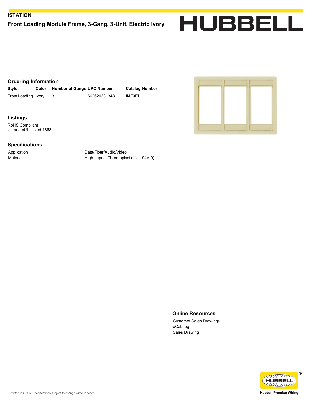 Hubbell IMF3EI Specifications