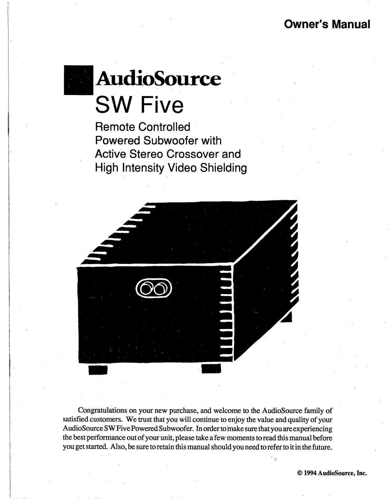 AudioSource Remote Controlled Powered Subwoofer User Manual