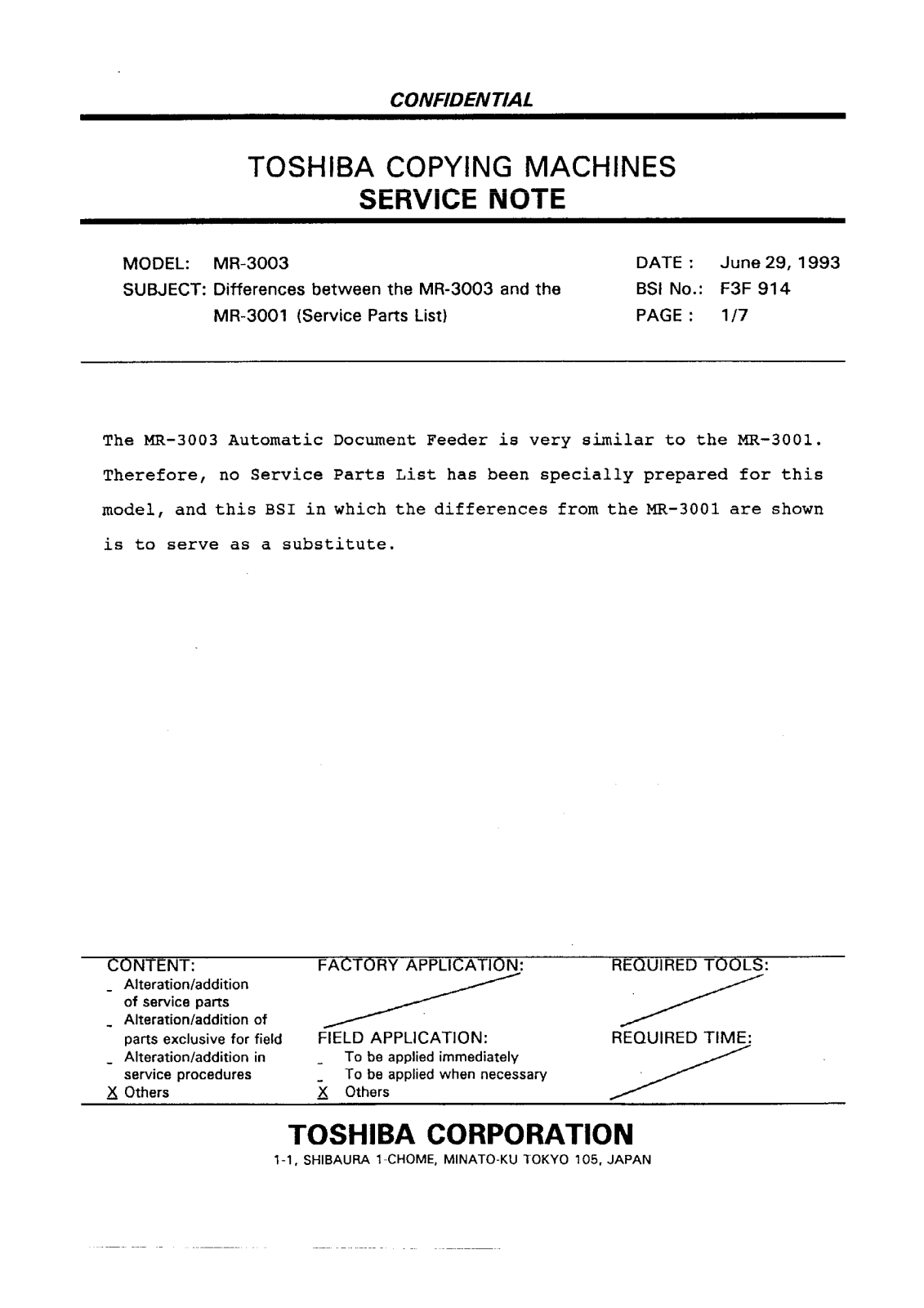 Toshiba f3f914 Service Note