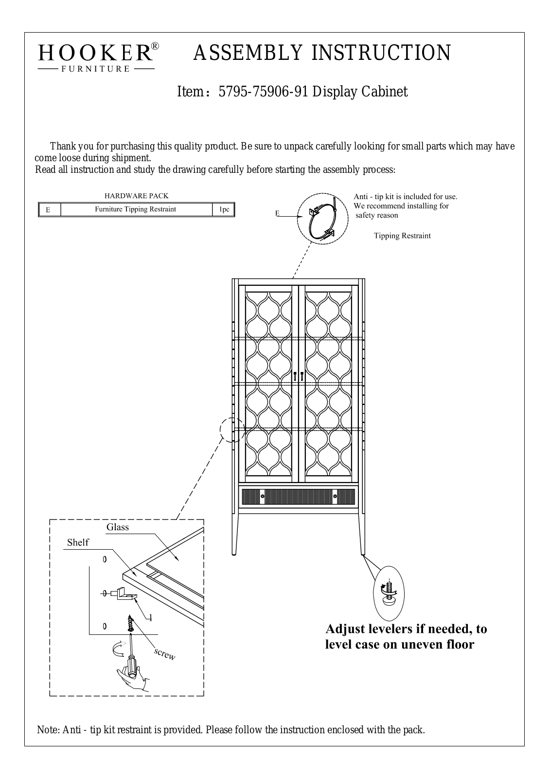 Hooker Furniture 57957590691 Assembly Guide