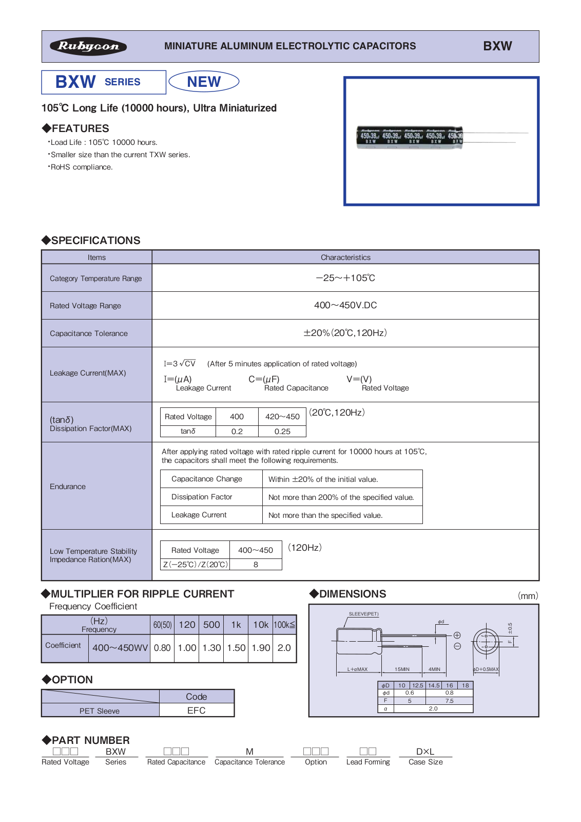 Datasheet Rubycon [radial thru-hole] BXW Series Datasheet - ManualMachine.com