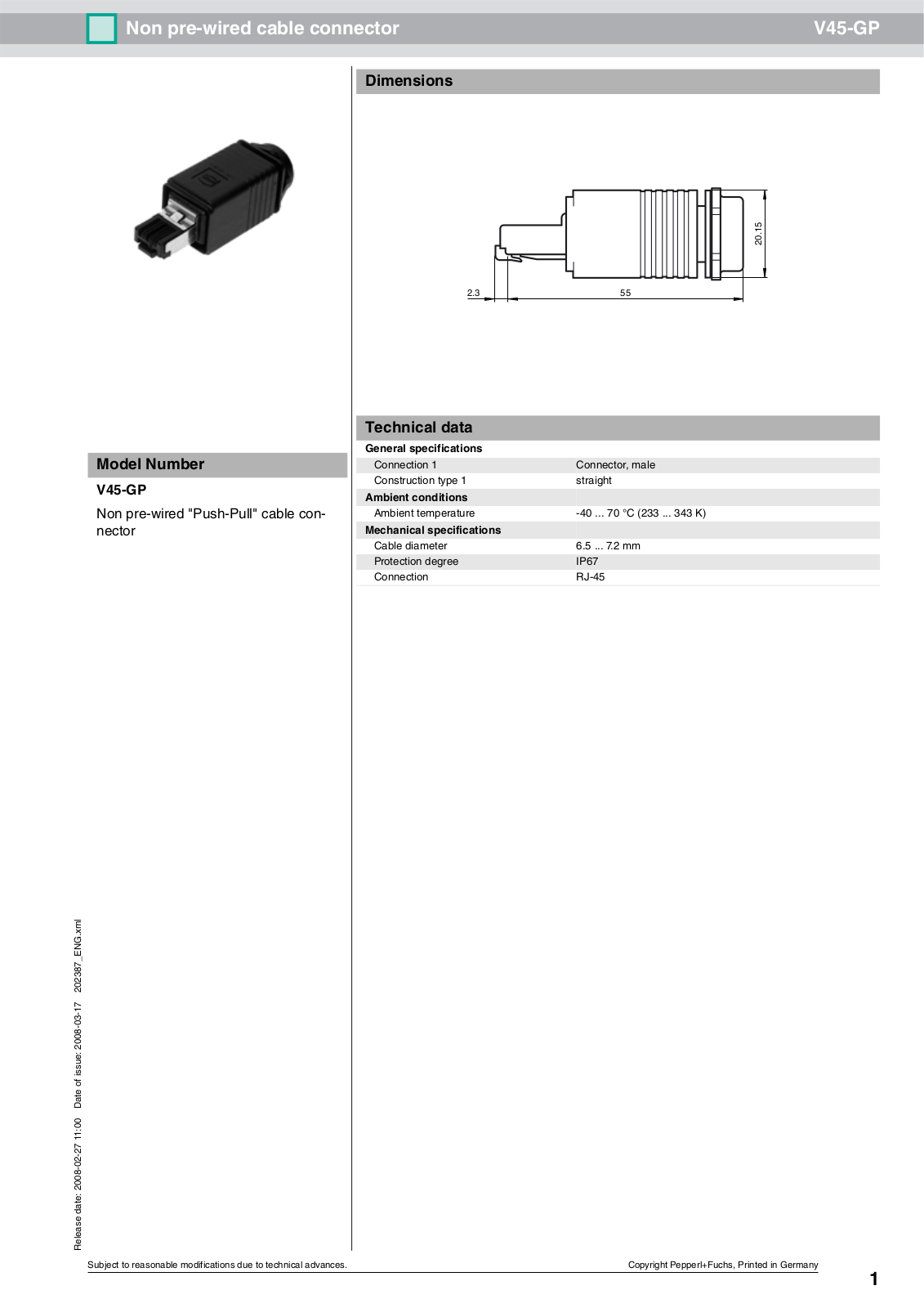 Pepperl Fuchs V45-GP Data Sheet