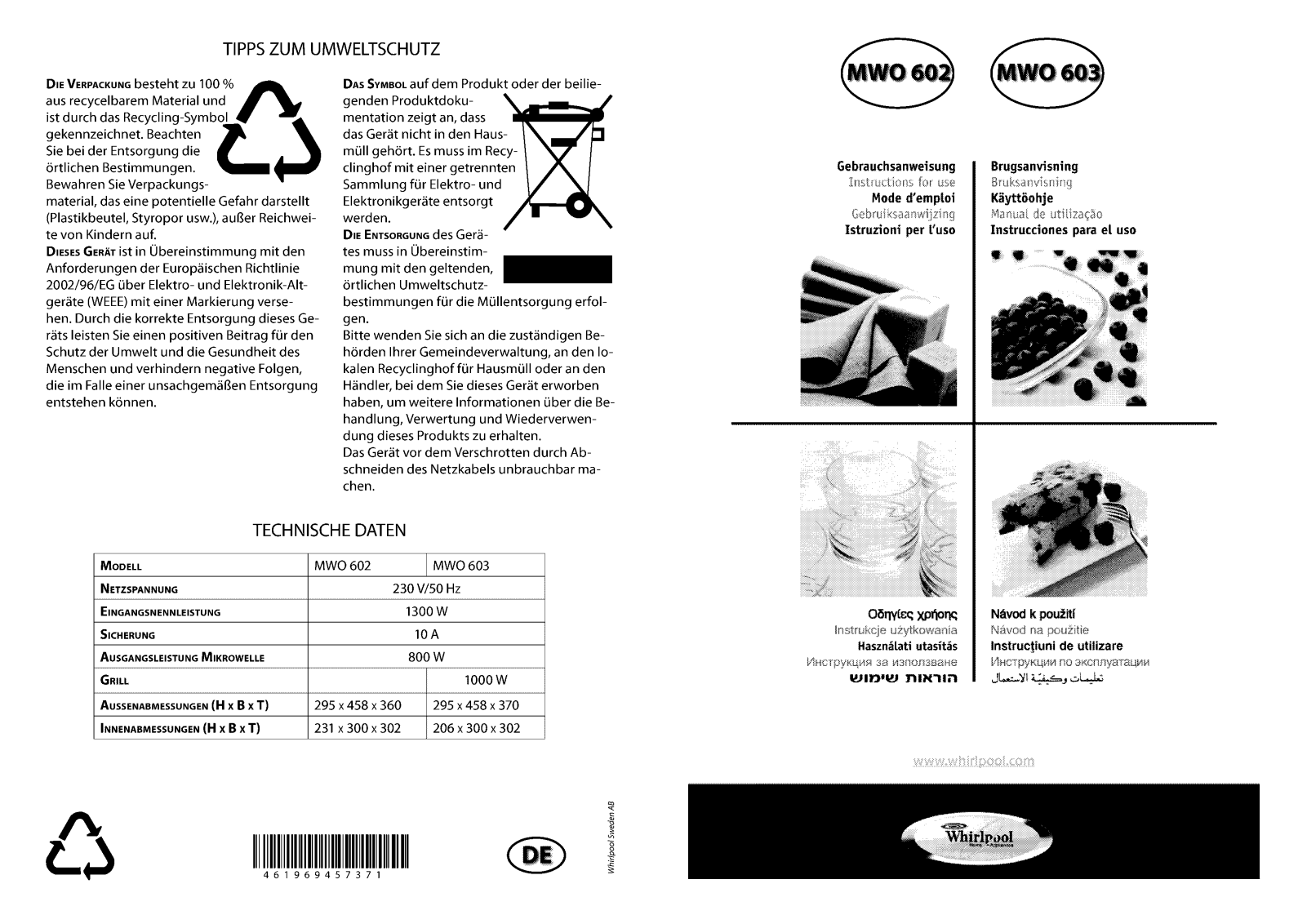 Whirlpool MWO 603/WH INSTRUCTION FOR USE