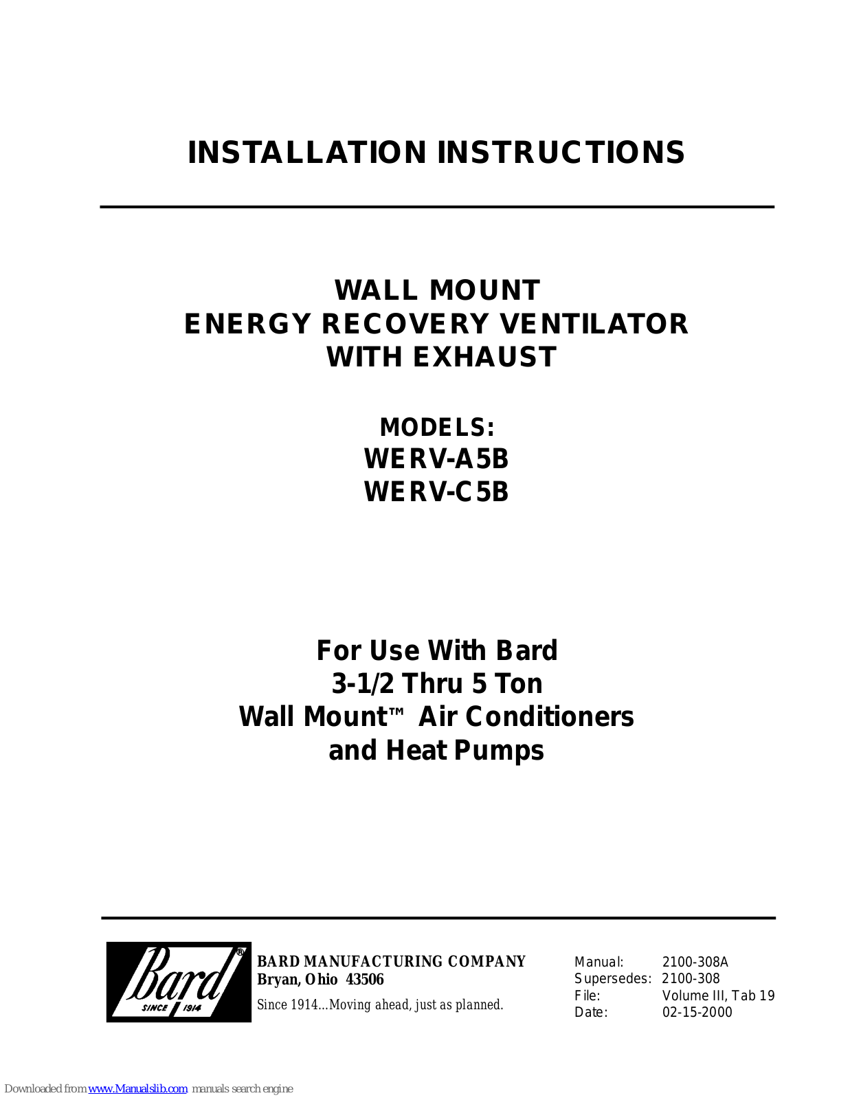 Bard WERV-A5B, WERV-C5B Installation Instructions Manual