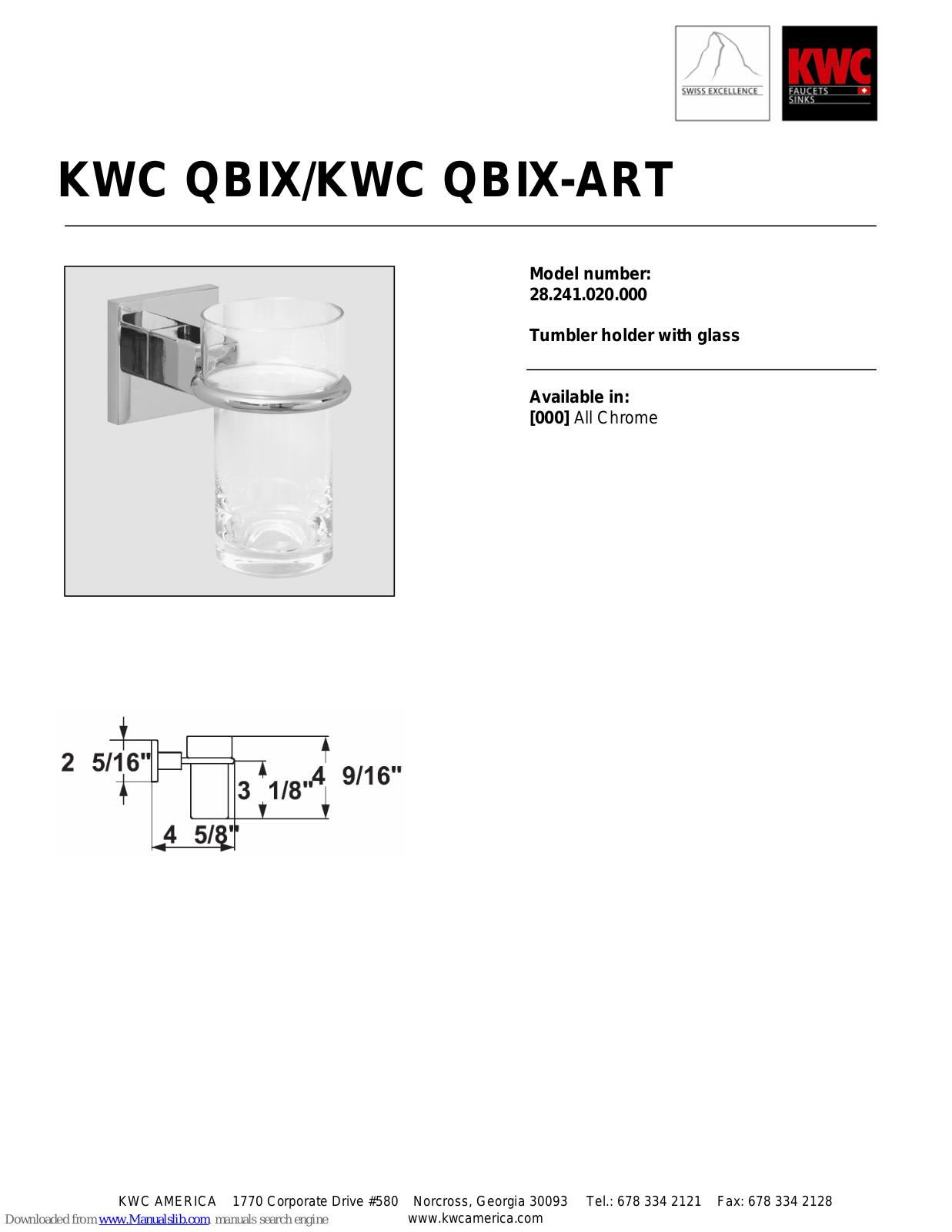 KWC Tumbler Holder with Glass 28.241.020.000, QBIX-ART 28.241.020.000 Specification Sheet