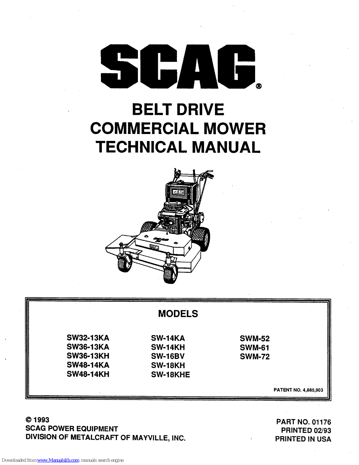 Scag Power Equipment SW32-13KA, SW36-13KH, SW48-14KA, SW-14KA, SW-16BV Technical Manual - ManualMachine.com