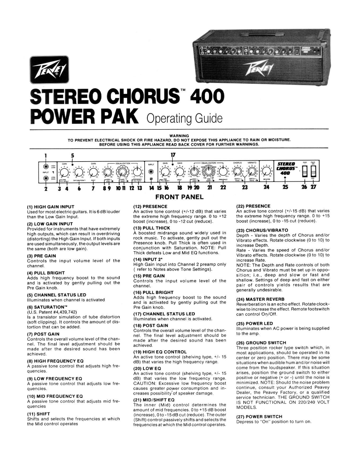 Peavey STEREO CHORUS 400 POWER PAK Operating guide