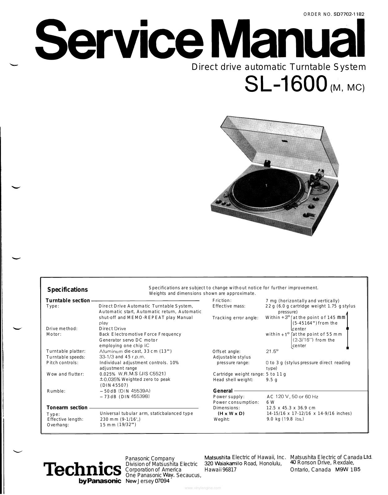 Technics Sl-1600 Service manual