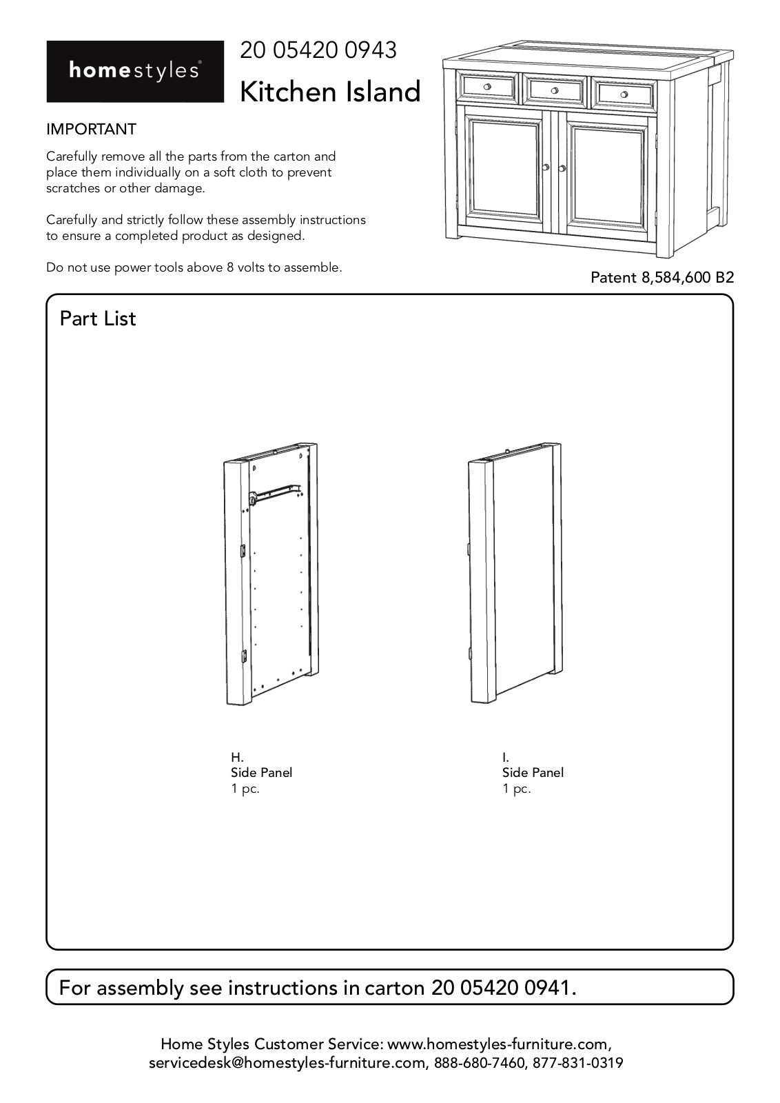 Homestyles 20 05420 0943 Assembly Instructions