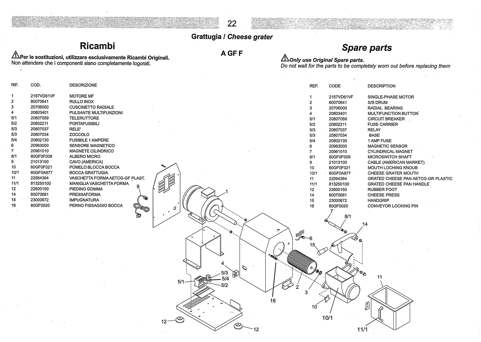 Omcan Food Machinery A GF F Parts List