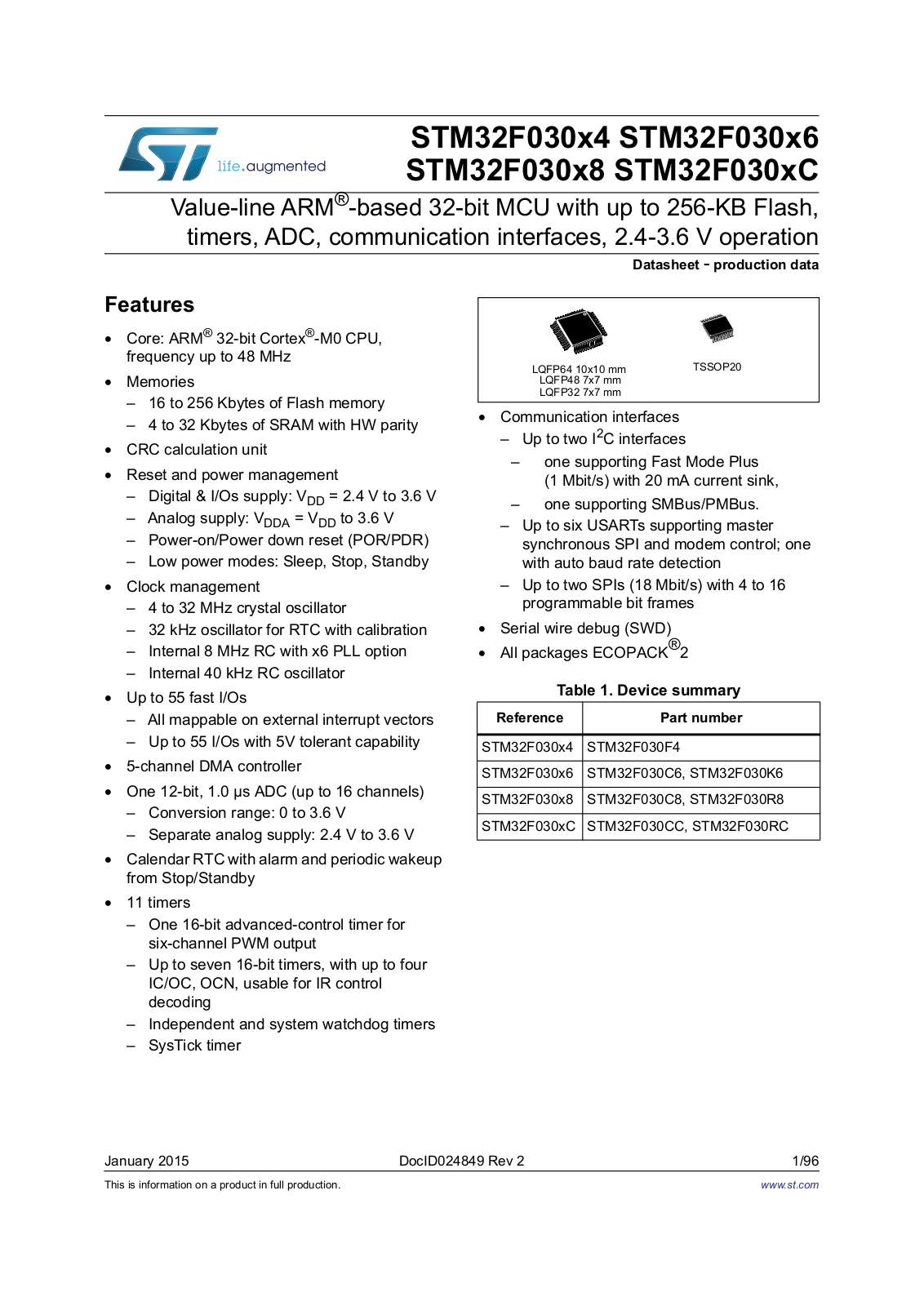 STMicroelectronics STM32F030F4, STM32F030C6, STM32F030K6, STM32F030C8, STM32F030R8 Datasheet