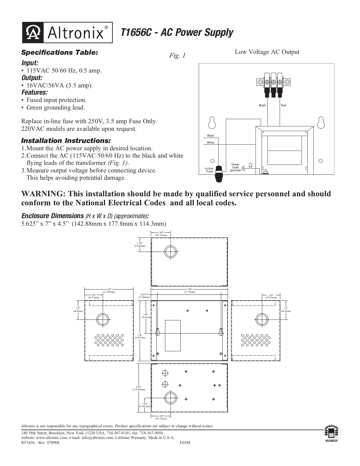 Altronix T1656C Installation Instructions