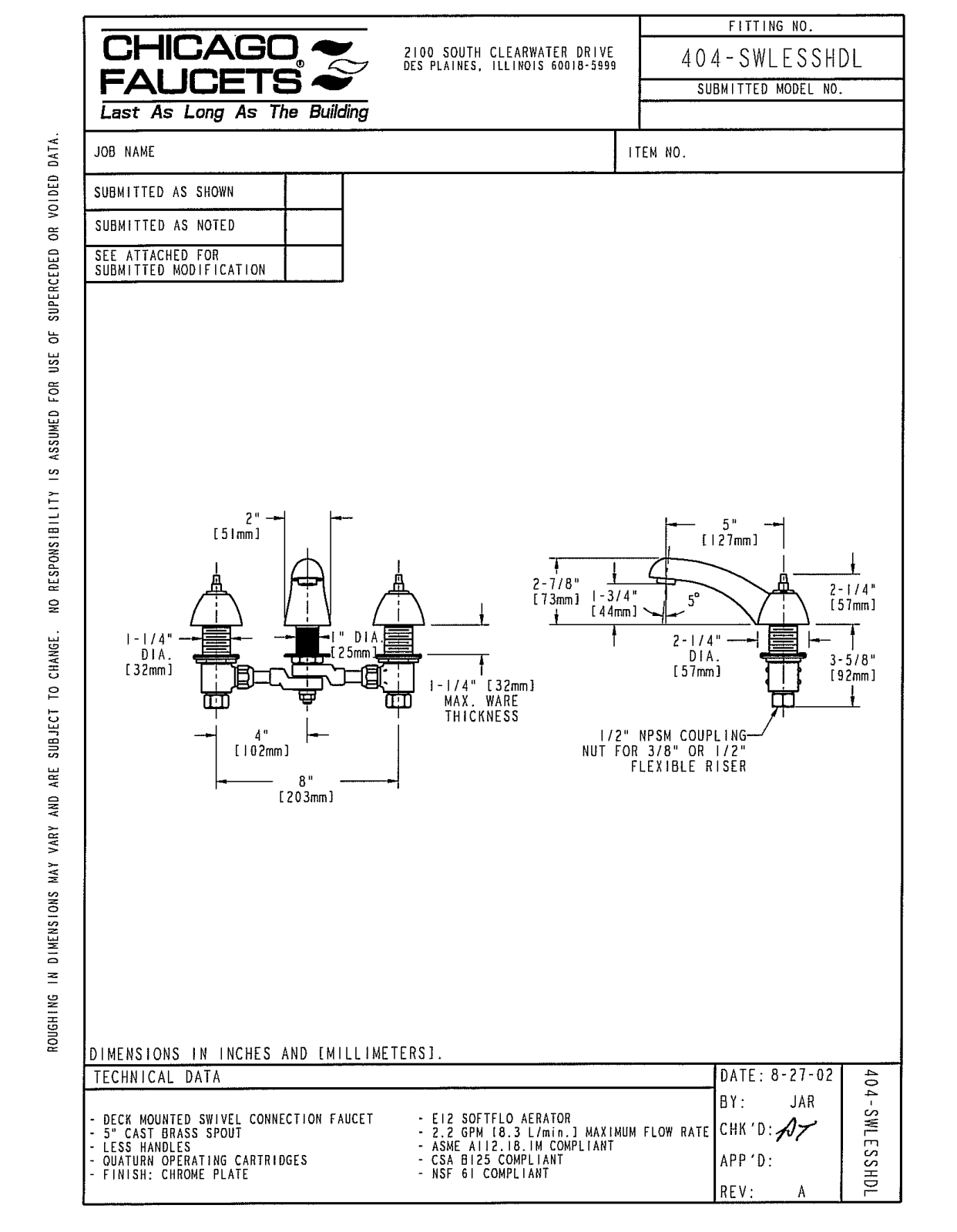 Chicago Faucet 404-SWLESSHDLCP User Manual