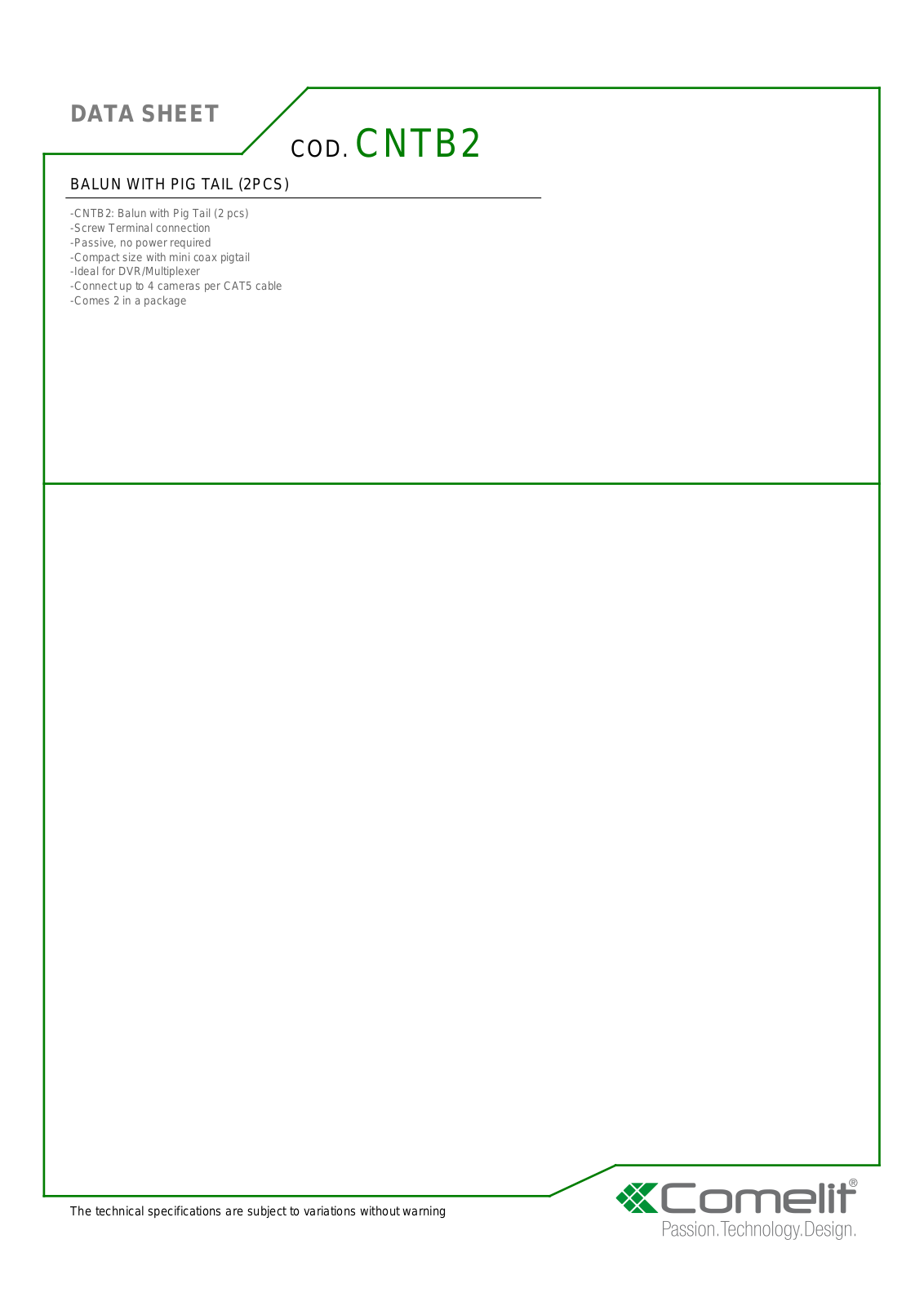 Comelit CNTB2 Specsheet