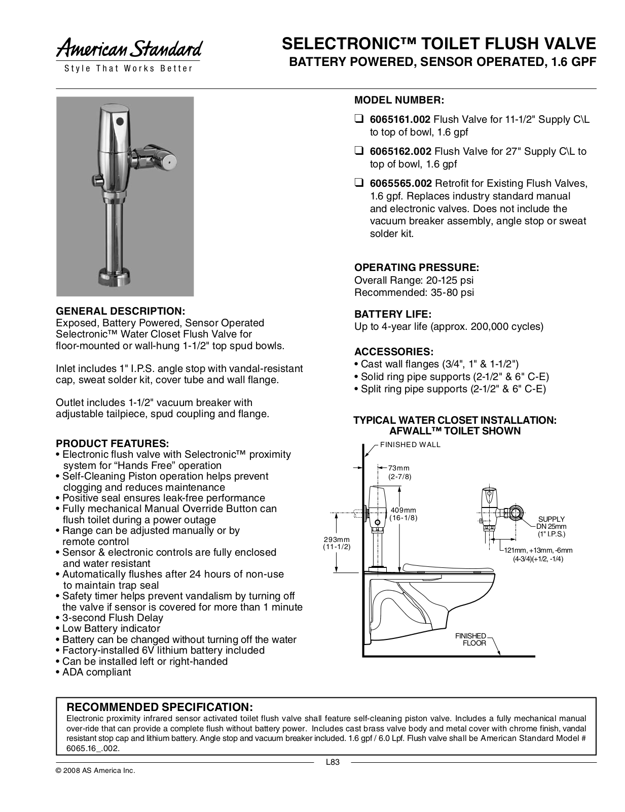 American Standard 6065565.002, 6065162.002, 6065161.002 User Manual