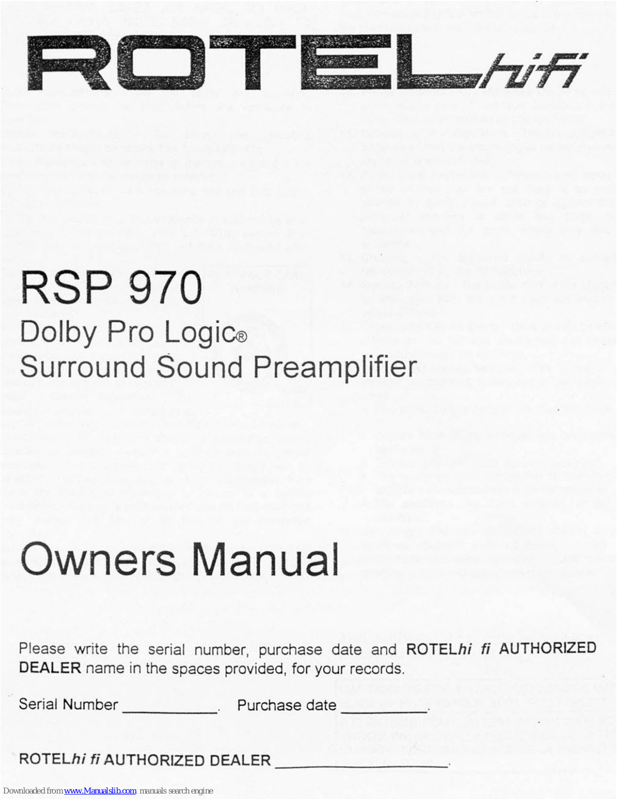 Rotel Dolby Pro Logic Surround Sound Preamplifier RSP 970 Owner's Manual