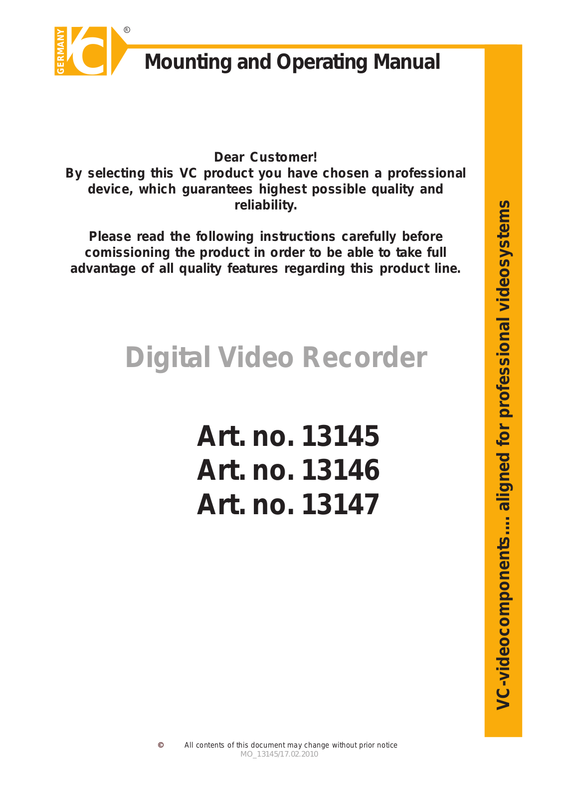 VC Videocomponents 13145, 13147, 13146 Mounting And Operating Manual