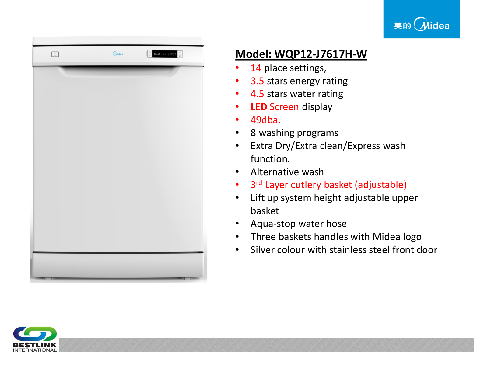 Midea WQP12-J7617H-AUS, WQP12-J7617H-W Specifications Sheet