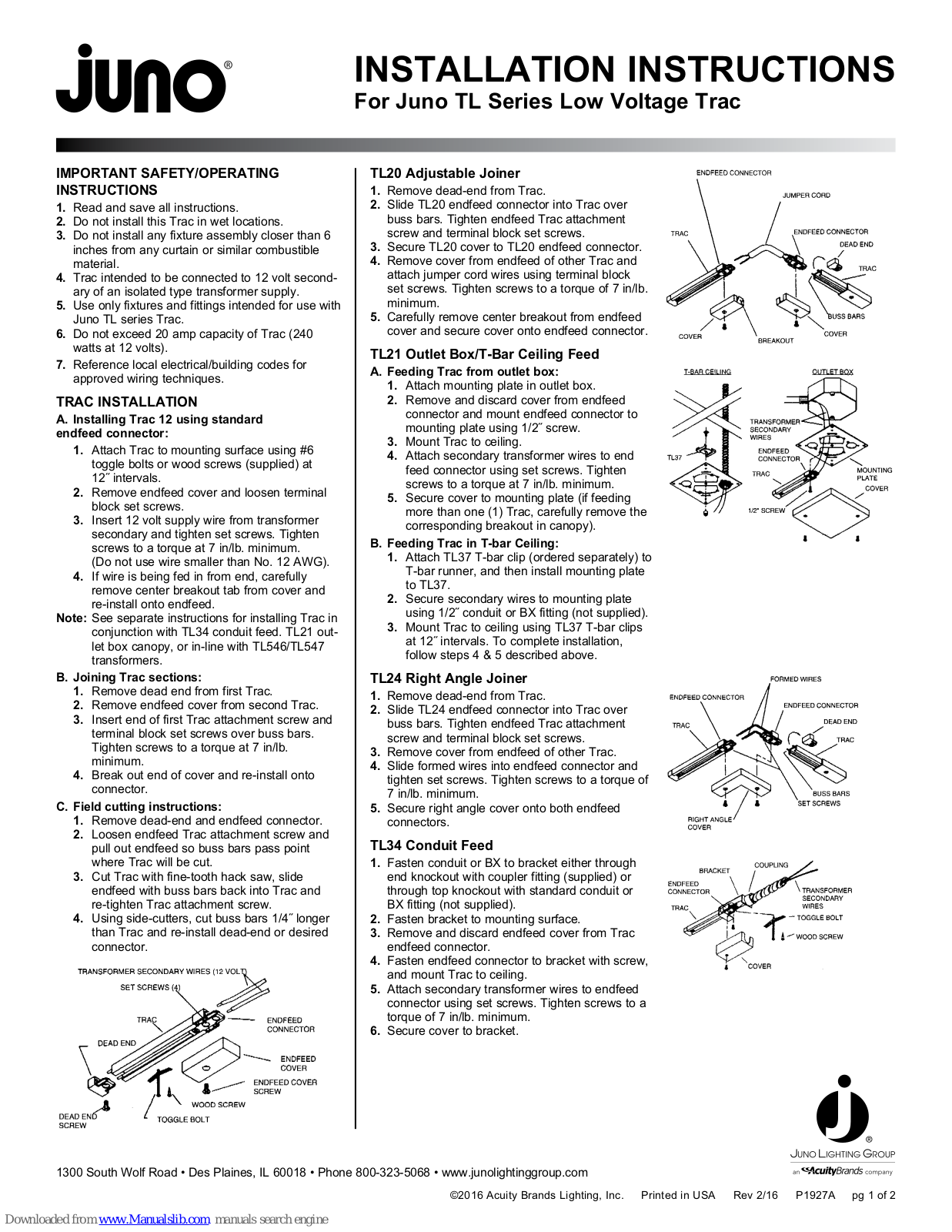 JUNO TL Series, TL566U, TL547, TL546, TL567U Installation Instructions Manual